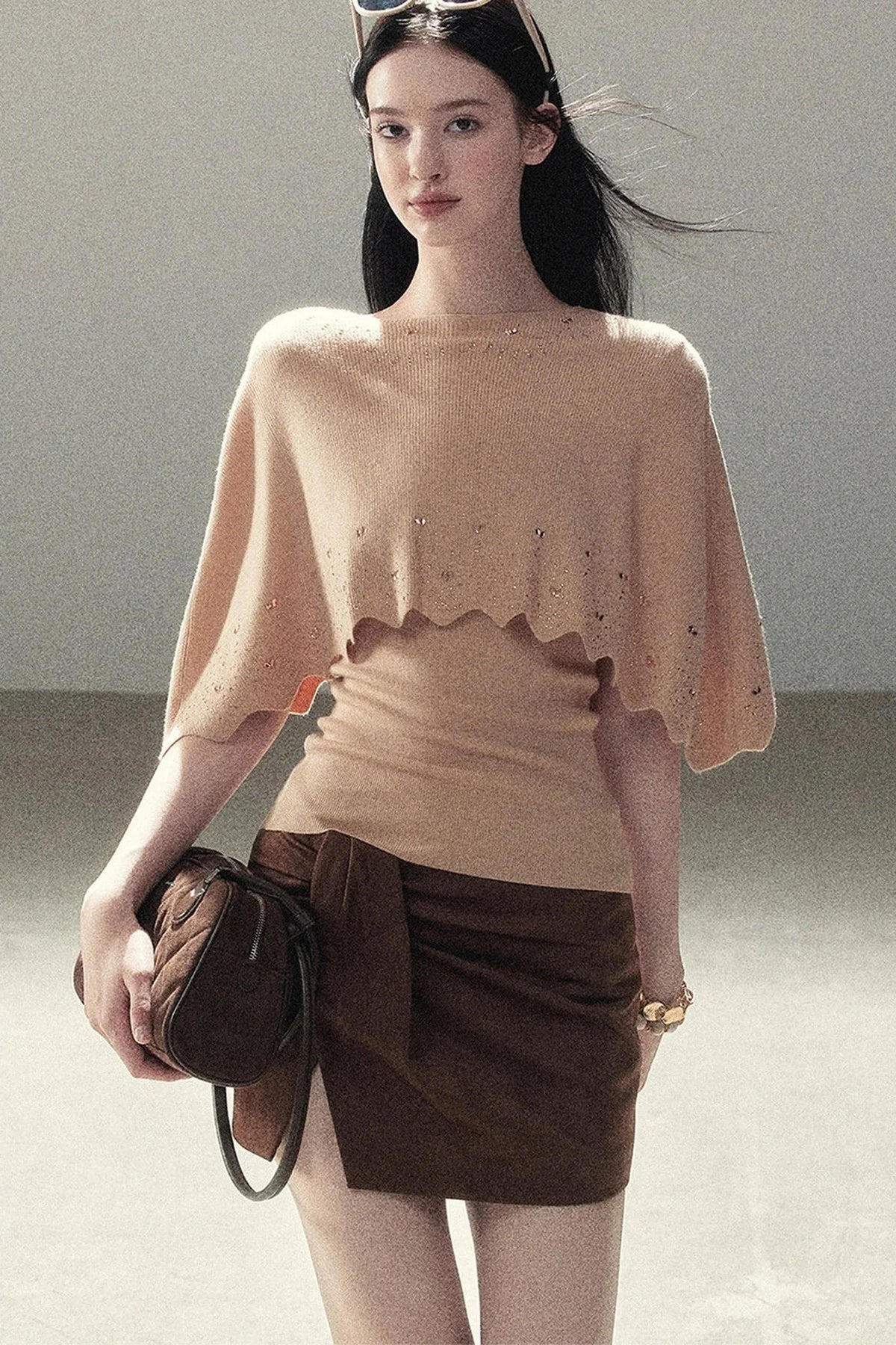 Rhinestone Hollow-Out Cape Sweater Set
