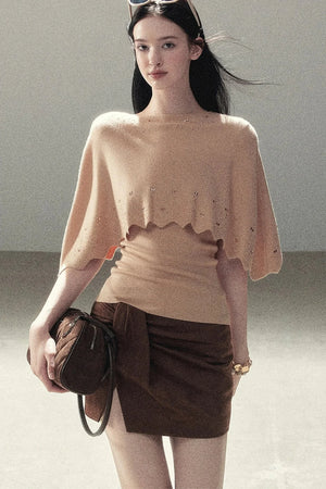 Rhinestone Hollow-Out Cape Sweater Set