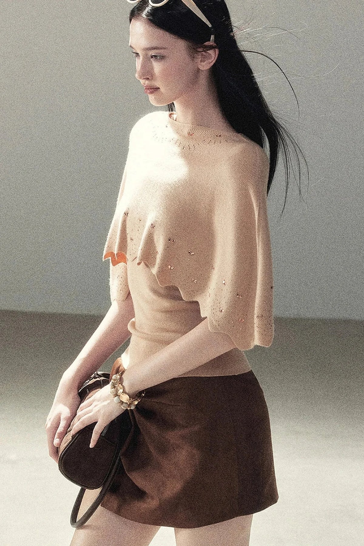 Rhinestone Hollow-Out Cape Sweater Set