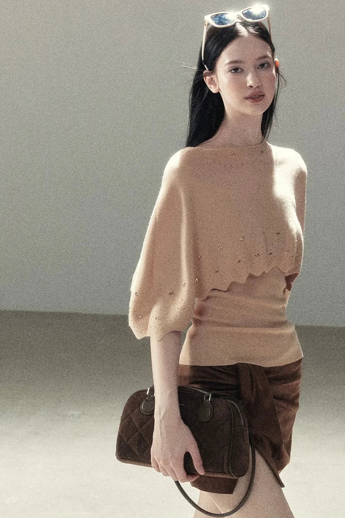 Rhinestone Hollow-Out Cape Sweater Set