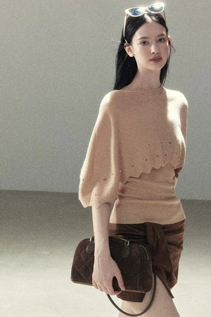 Rhinestone Hollow-Out Cape Sweater Set