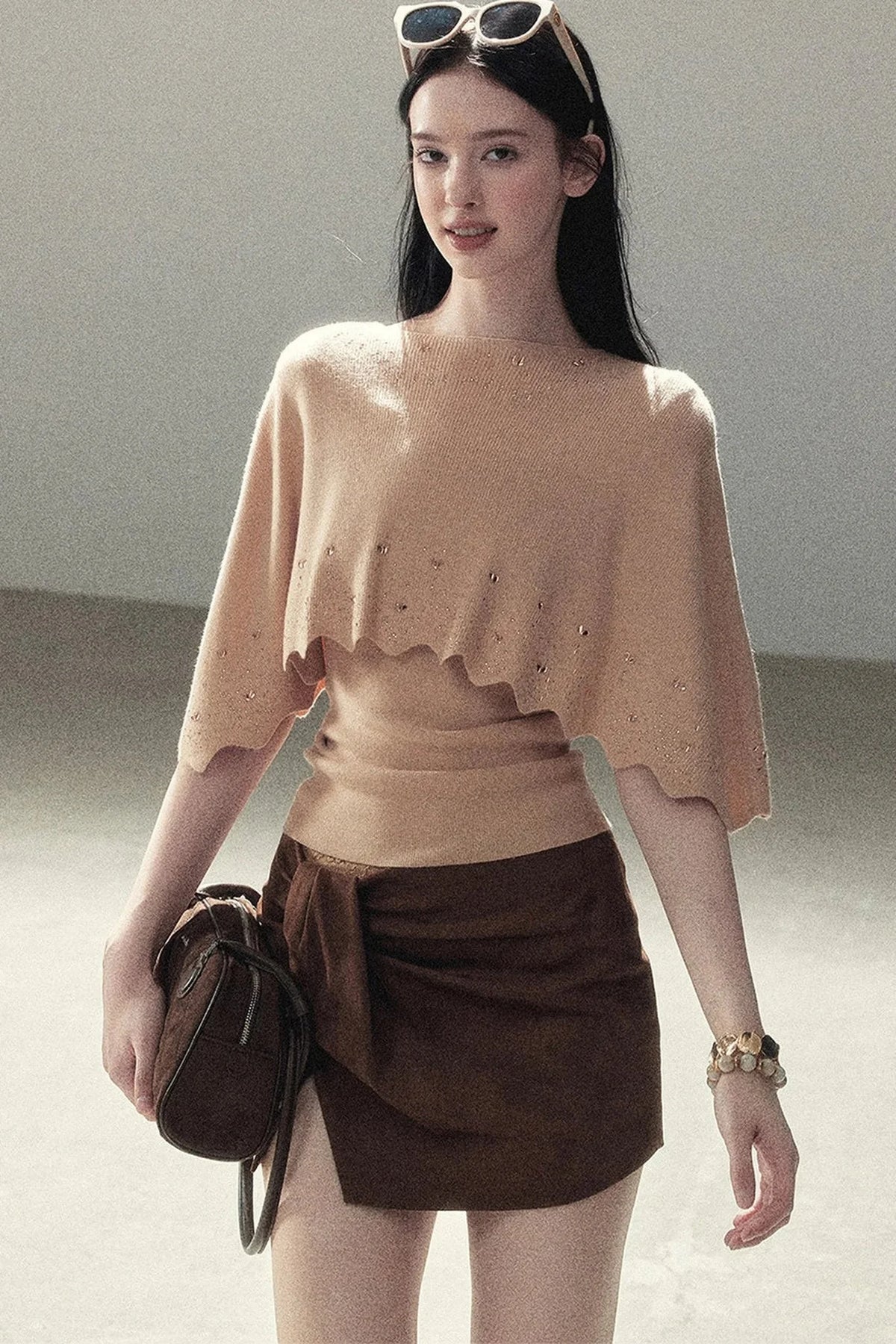 Rhinestone Hollow-Out Cape Sweater Set