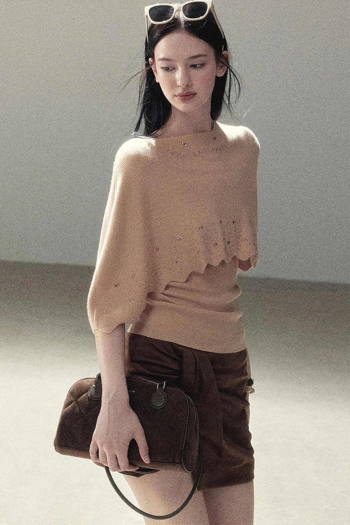 Rhinestone Hollow-Out Cape Sweater Set