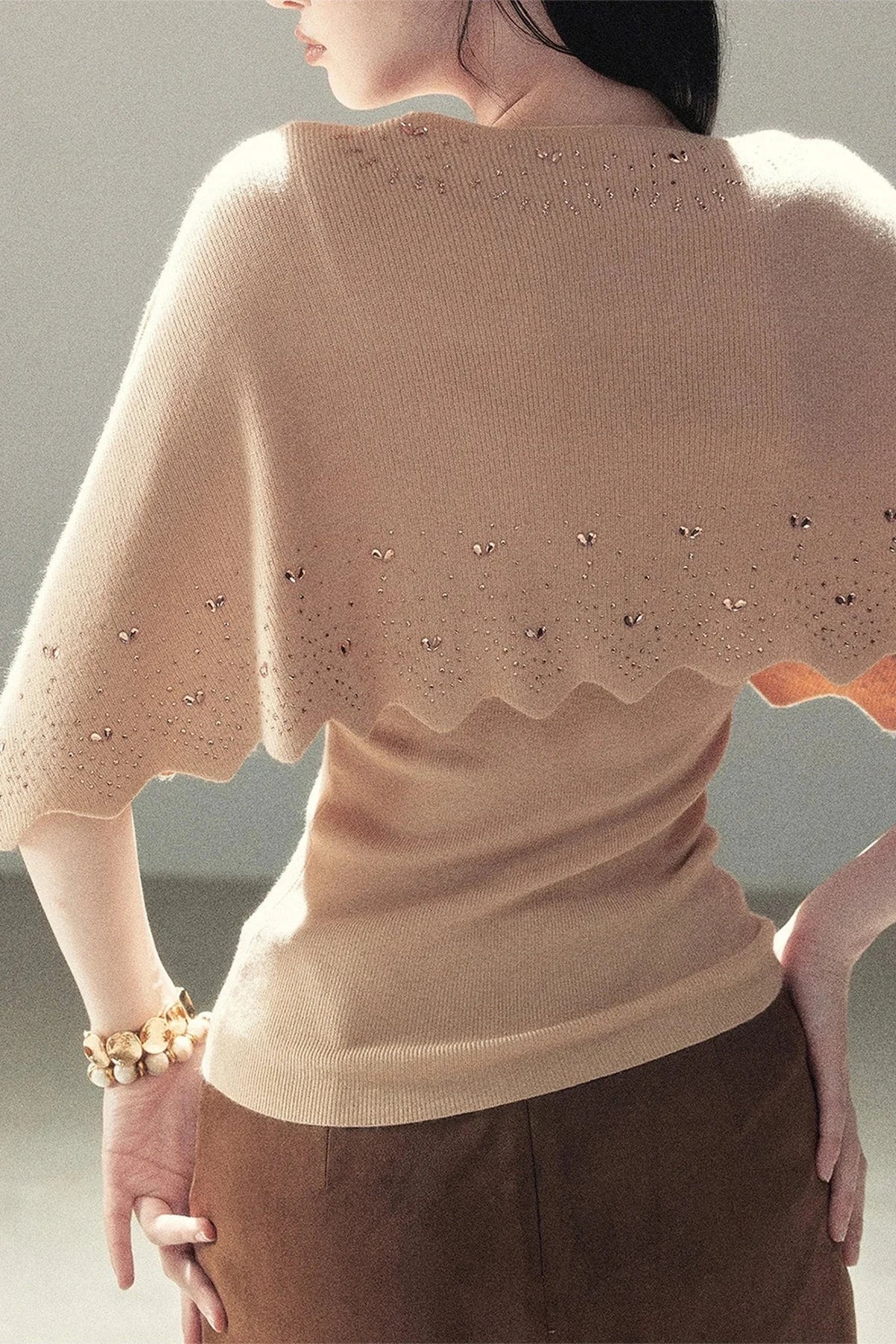 Rhinestone Hollow-Out Cape Sweater Set