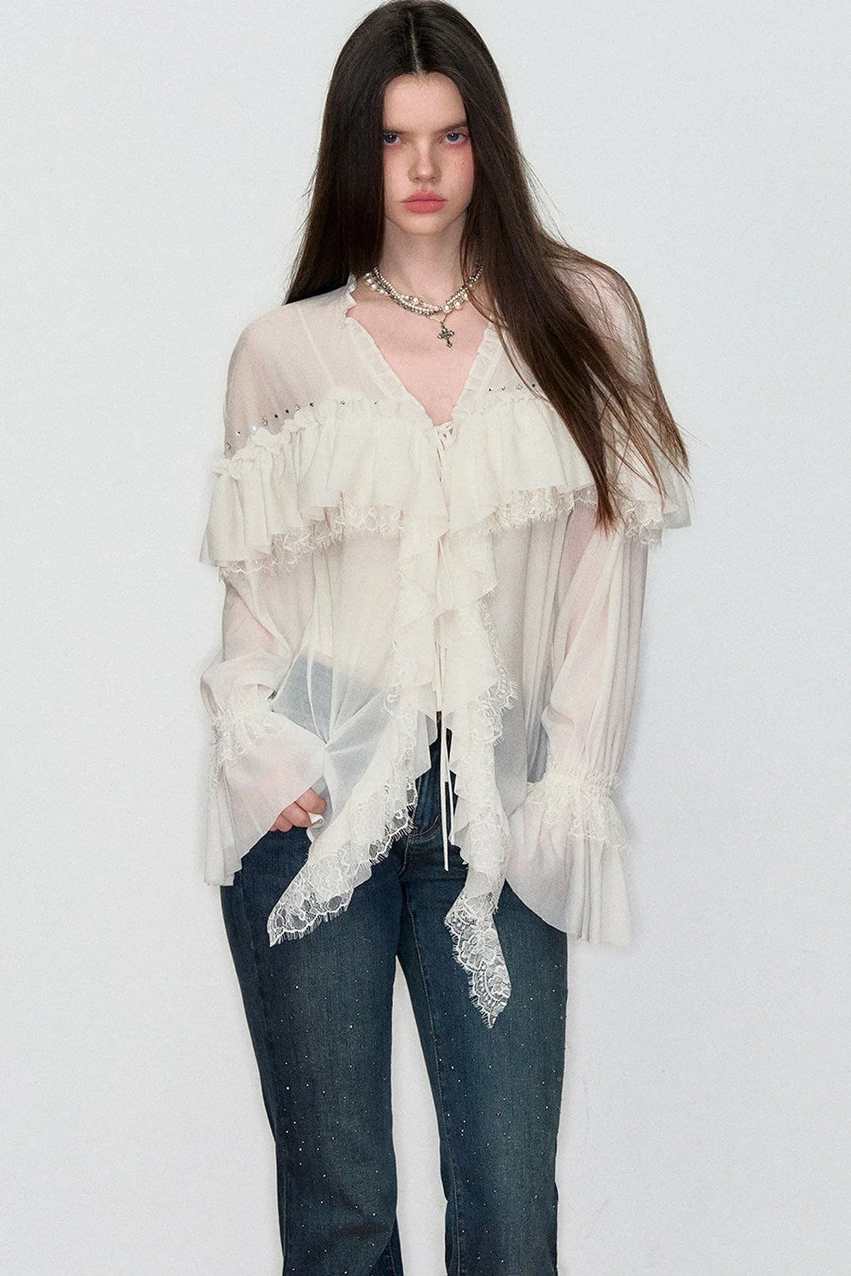 Rhinestone Lace V-Neck Blouse