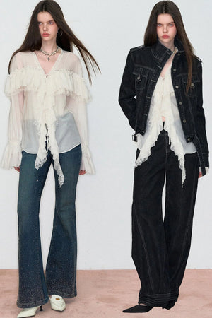 Rhinestone Lace V-Neck Blouse