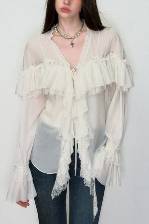 Rhinestone Lace V-Neck Blouse