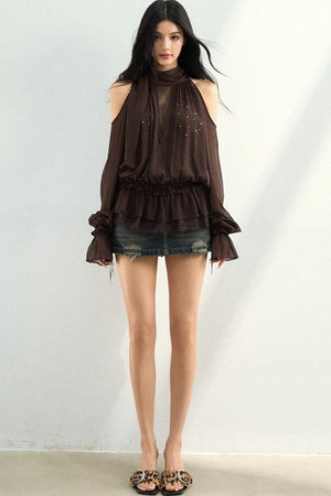 Rhinestone Mesh Chiffon Blouse