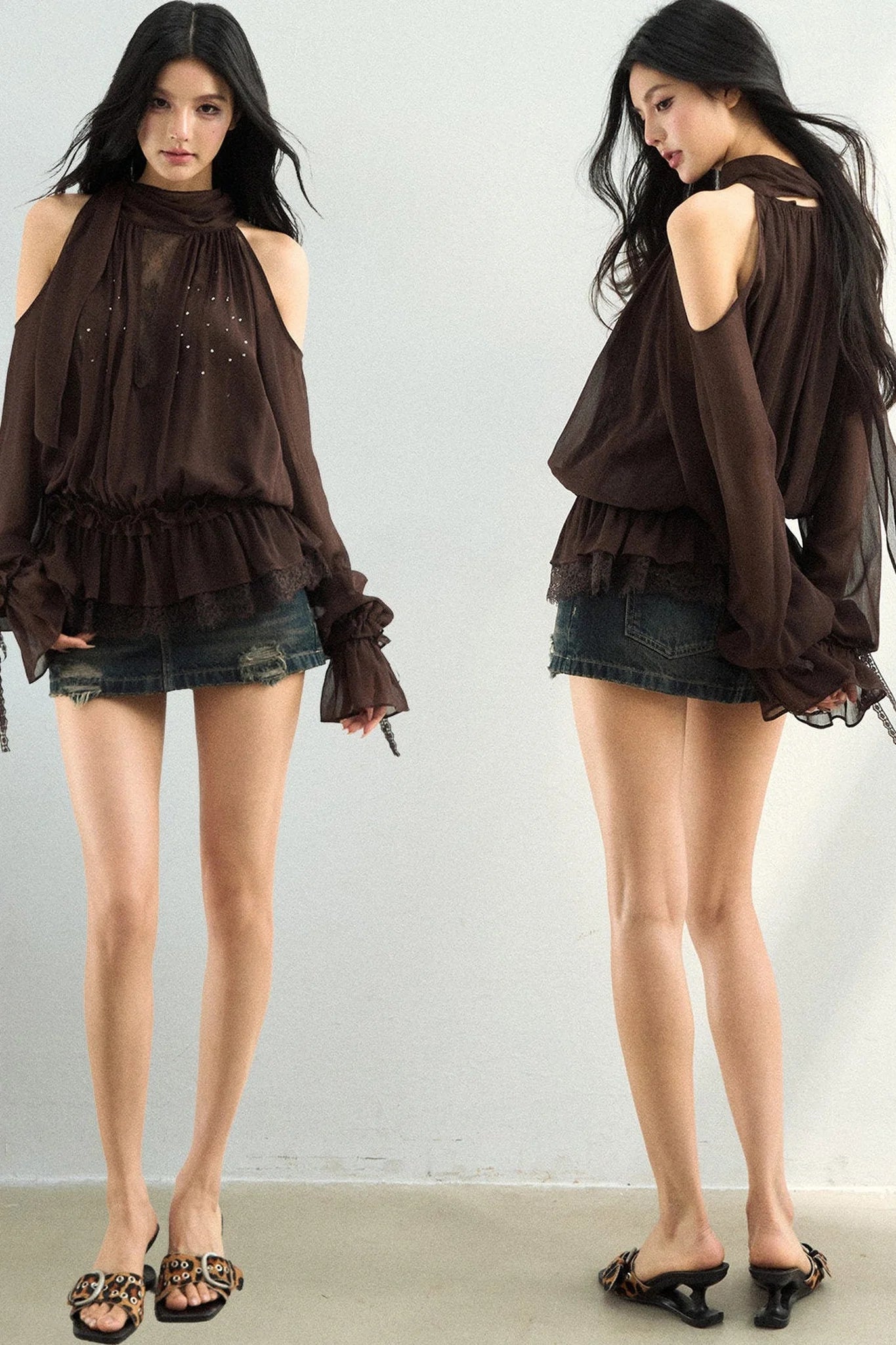 Rhinestone Mesh Chiffon Blouse