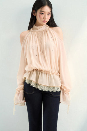 Rhinestone Mesh Chiffon Blouse