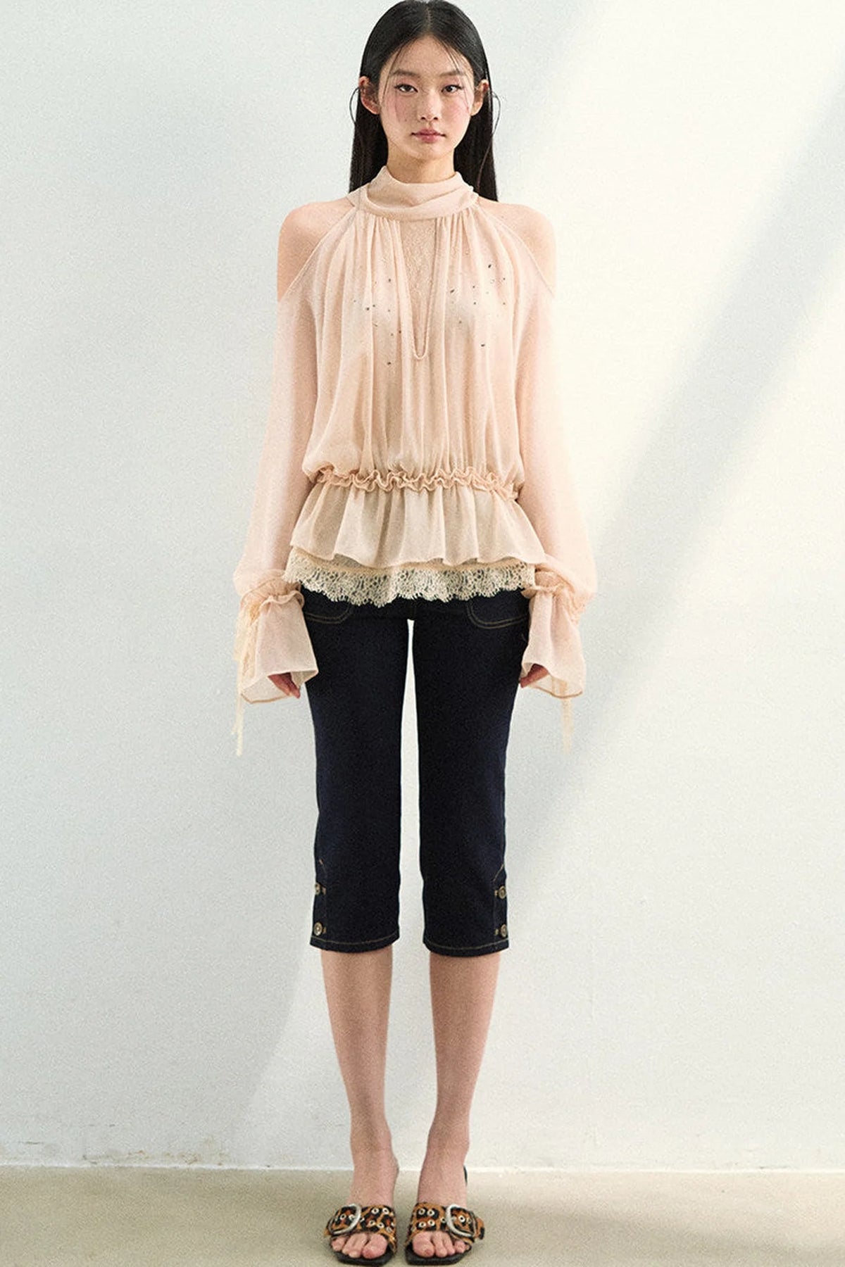 Rhinestone Mesh Chiffon Blouse