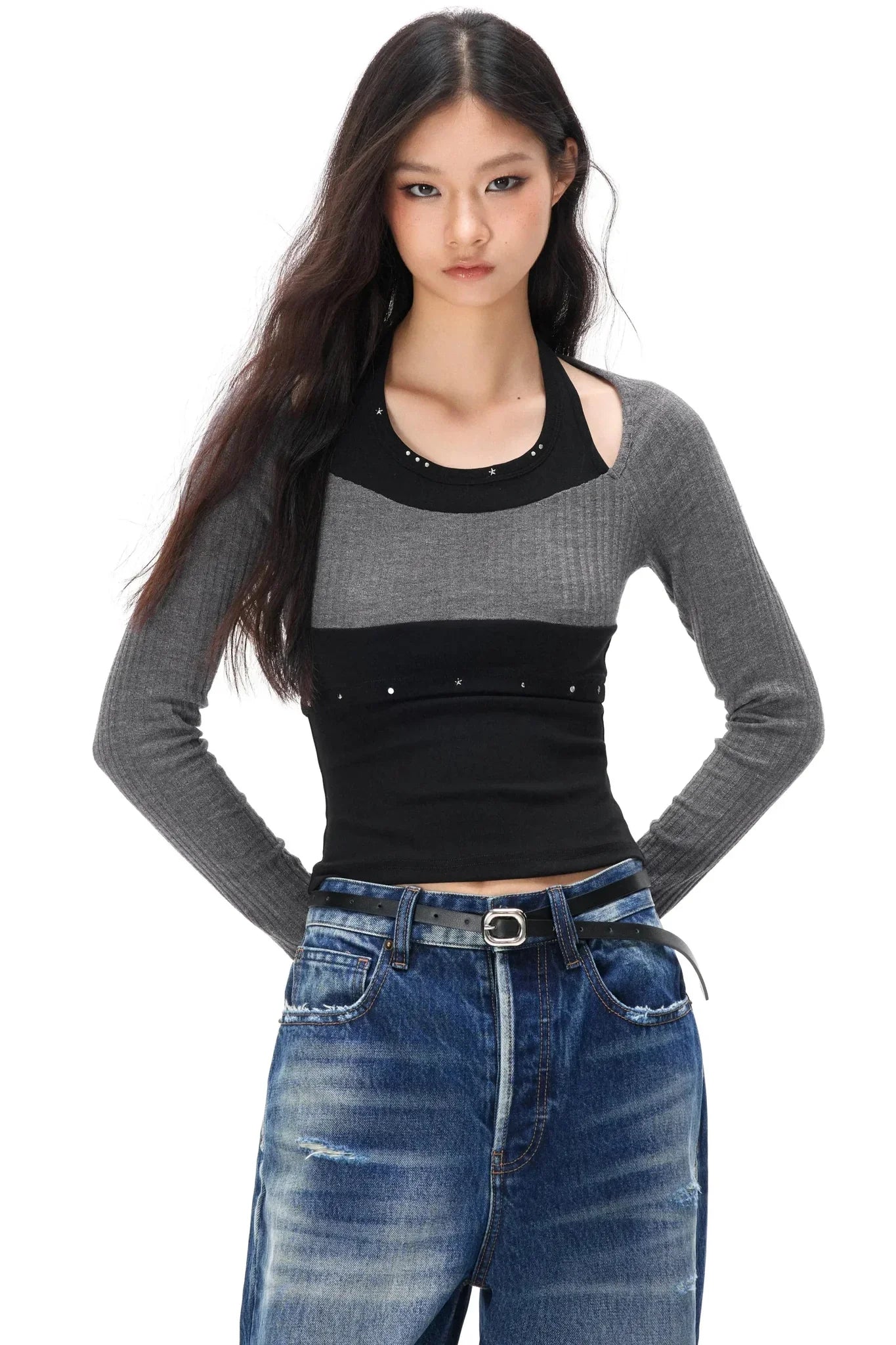 Rhinestone Patchwork Knit Top