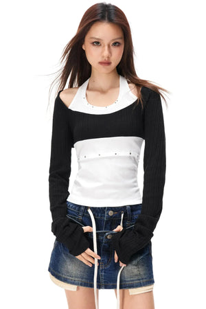 Rhinestone Patchwork Knit Top