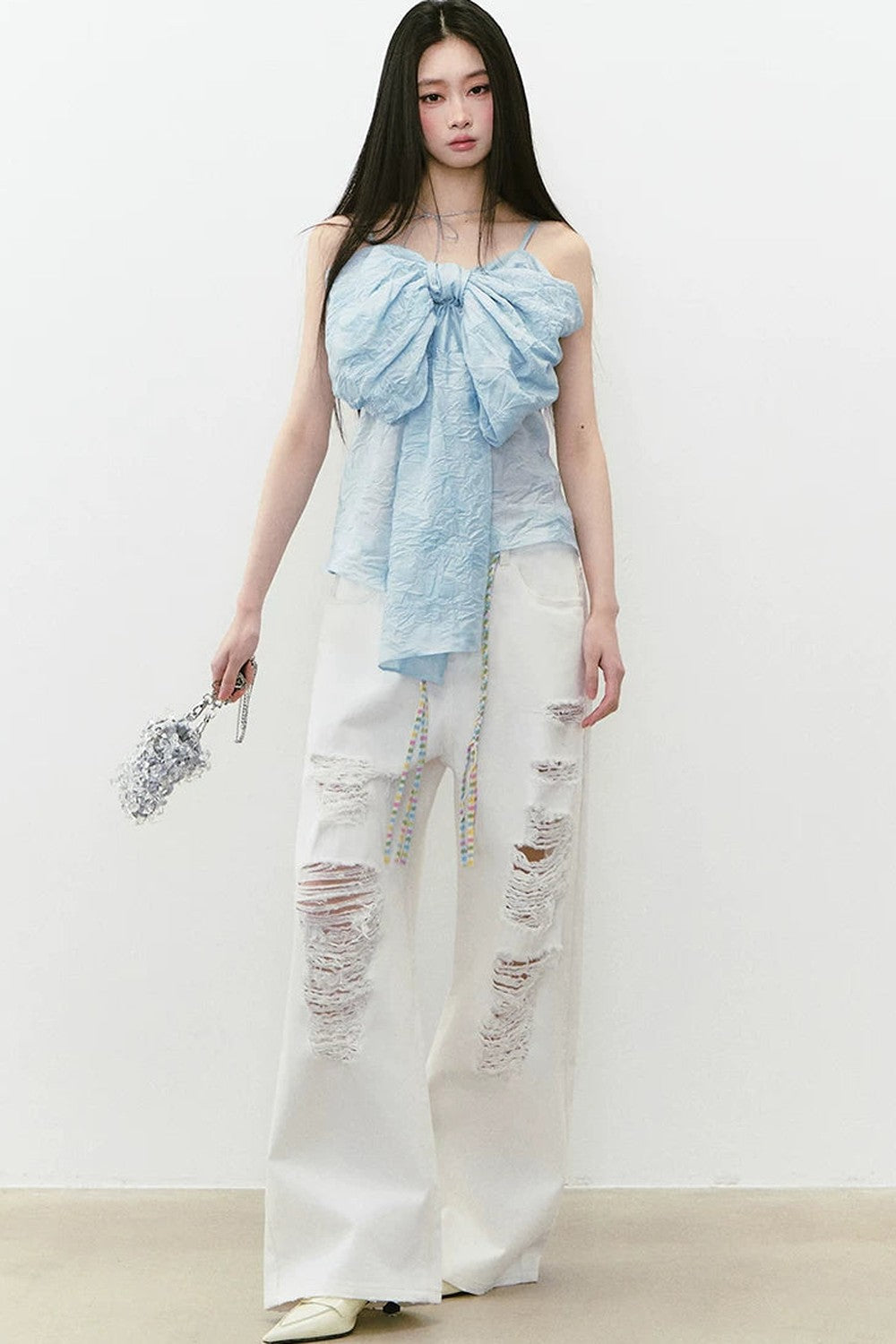 Rhinestone Ripped Denim Pants