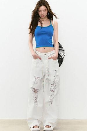 Rhinestone Ripped Denim Pants