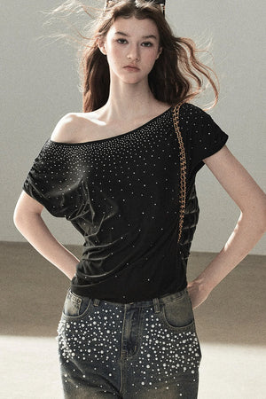 Rhinestone Slanted Shoulder Top
