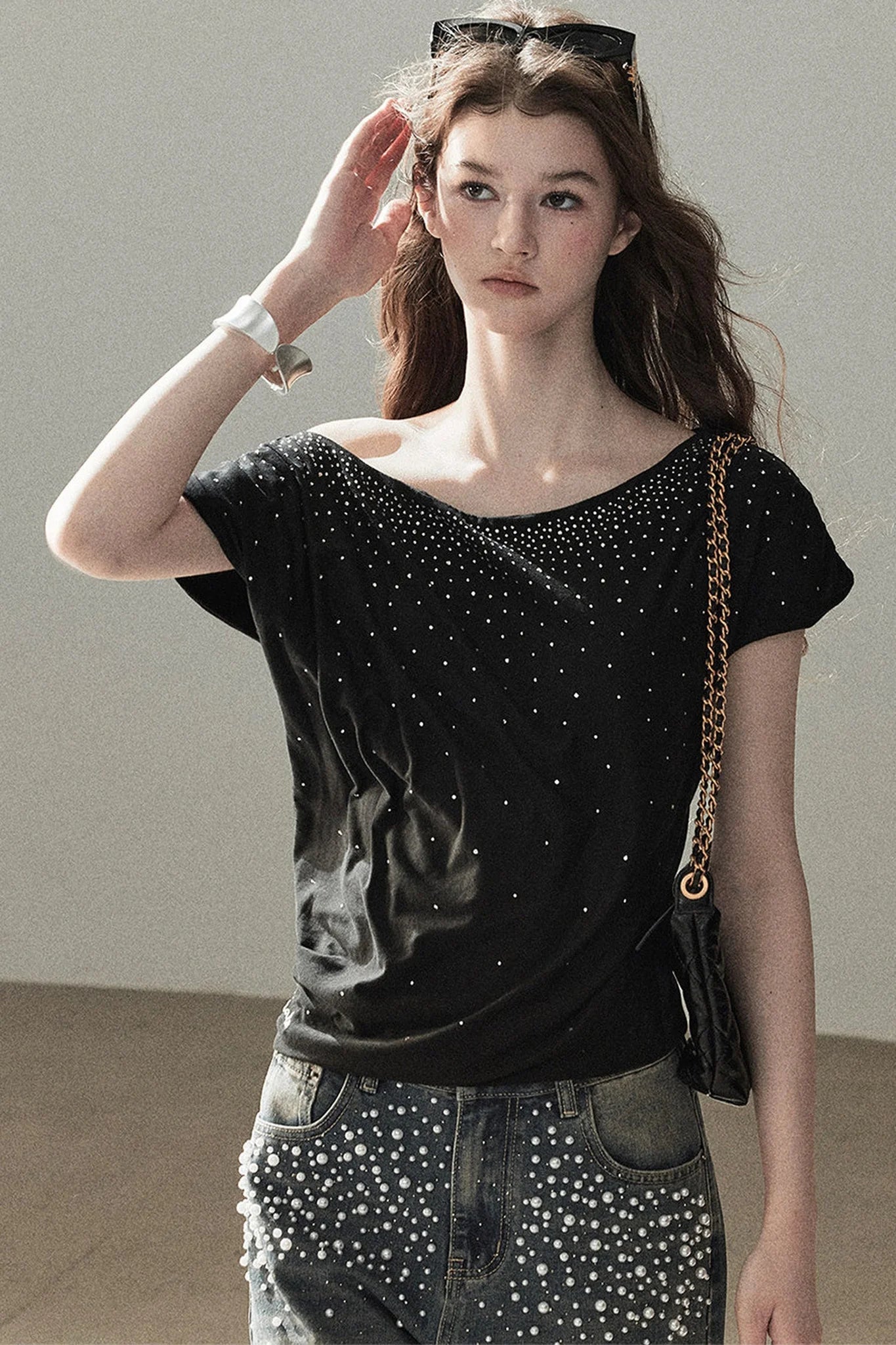 Rhinestone Slanted Shoulder Top