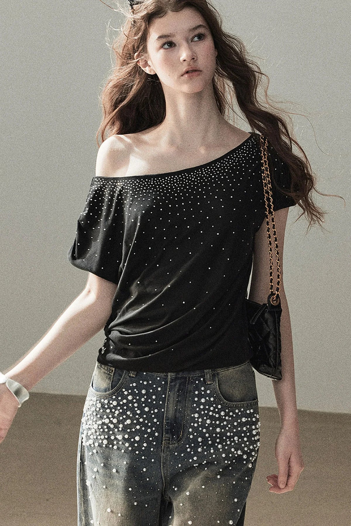 Rhinestone Slanted Shoulder Top