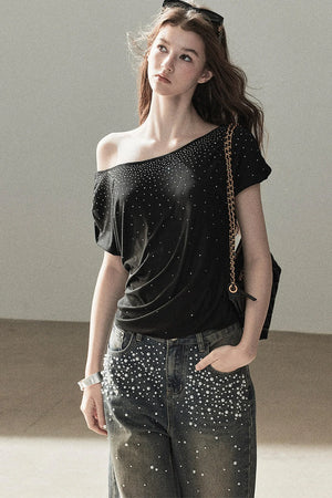 Rhinestone Slanted Shoulder Top