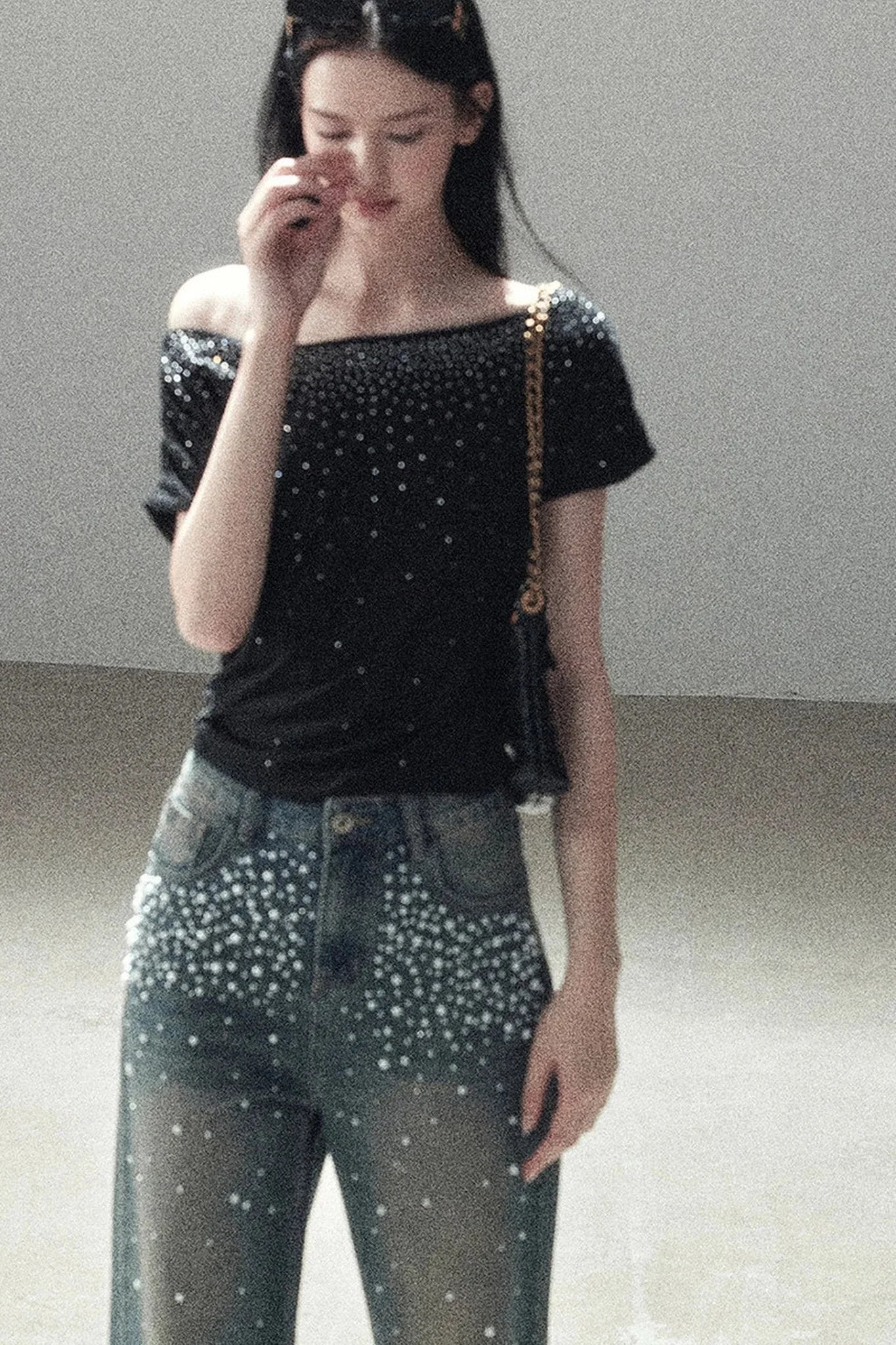 Rhinestone Slanted Shoulder Top