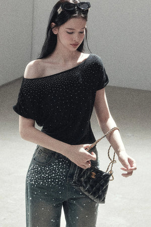Rhinestone Slanted Shoulder Top