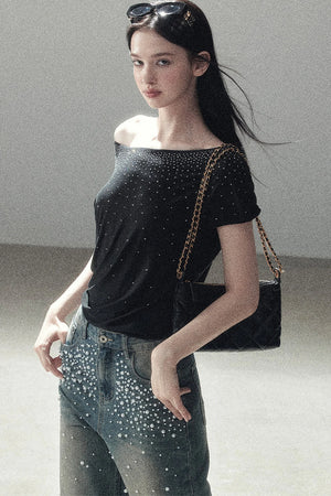 Rhinestone Slanted Shoulder Top