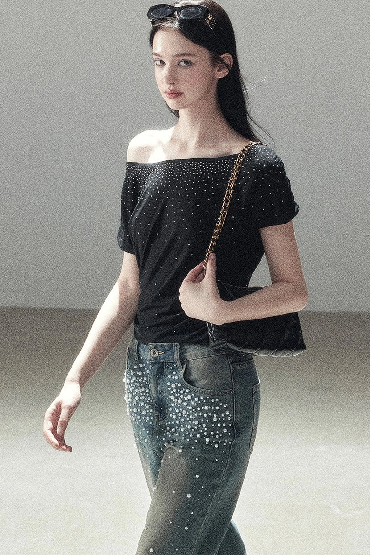 Rhinestone Slanted Shoulder Top