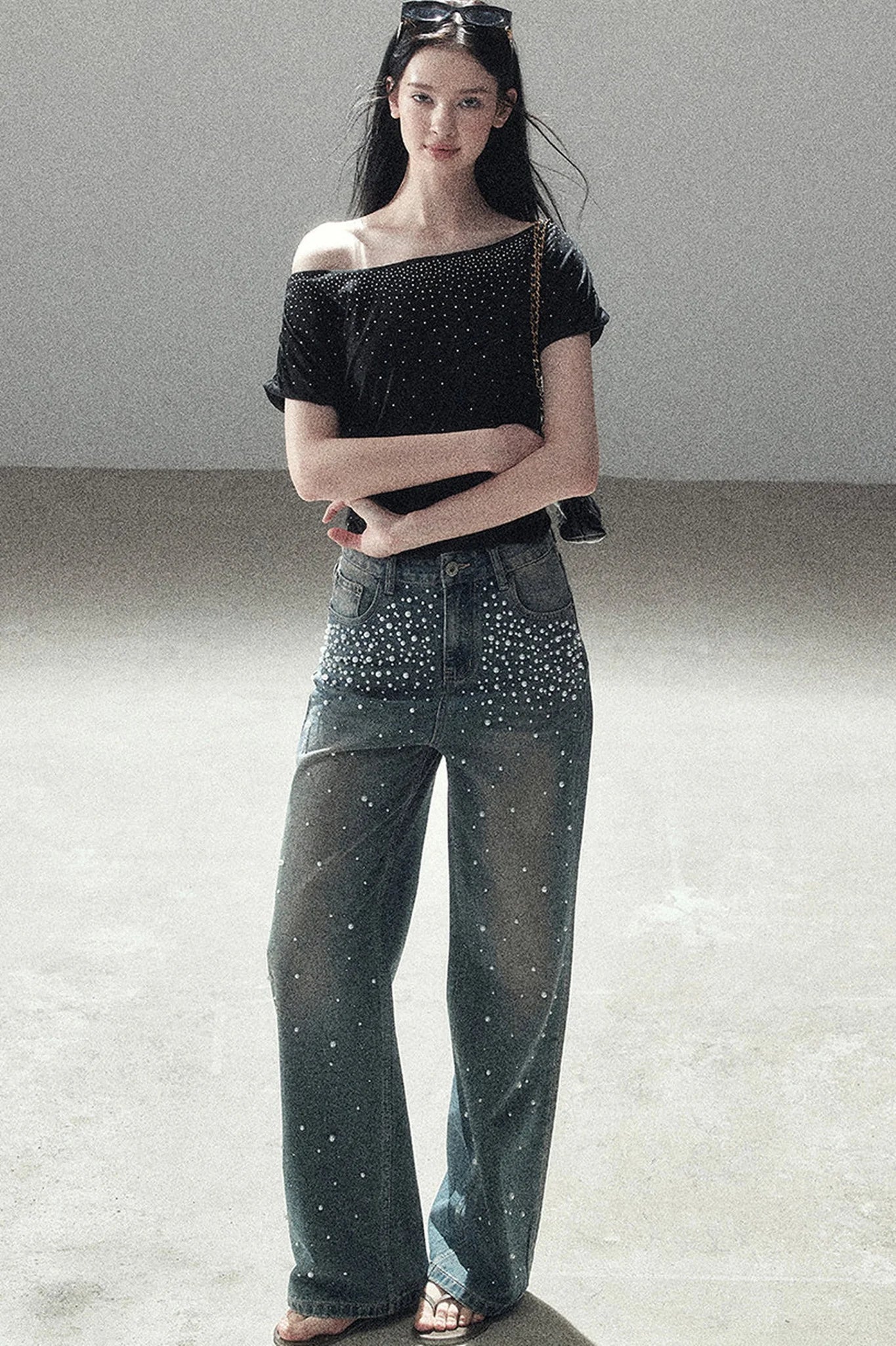 Rhinestone Slanted Shoulder Top