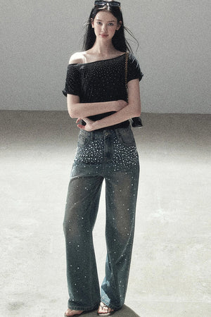 Rhinestone Slanted Shoulder Top