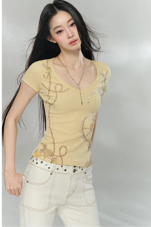 Rhinestone V-Neck Top