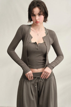 Ribbed Lace Long-Sleeve Cardigan
