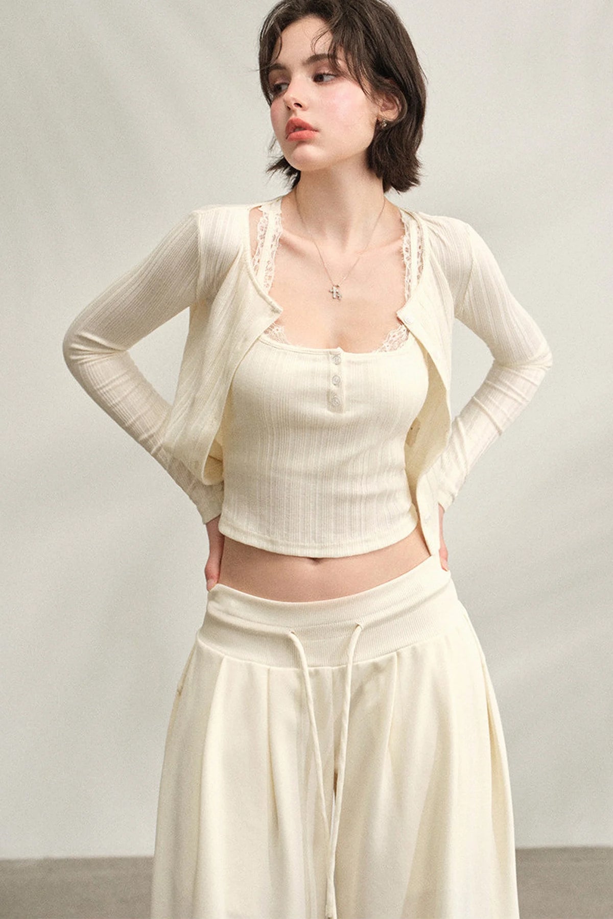 Ribbed Lace Long-Sleeve Cardigan