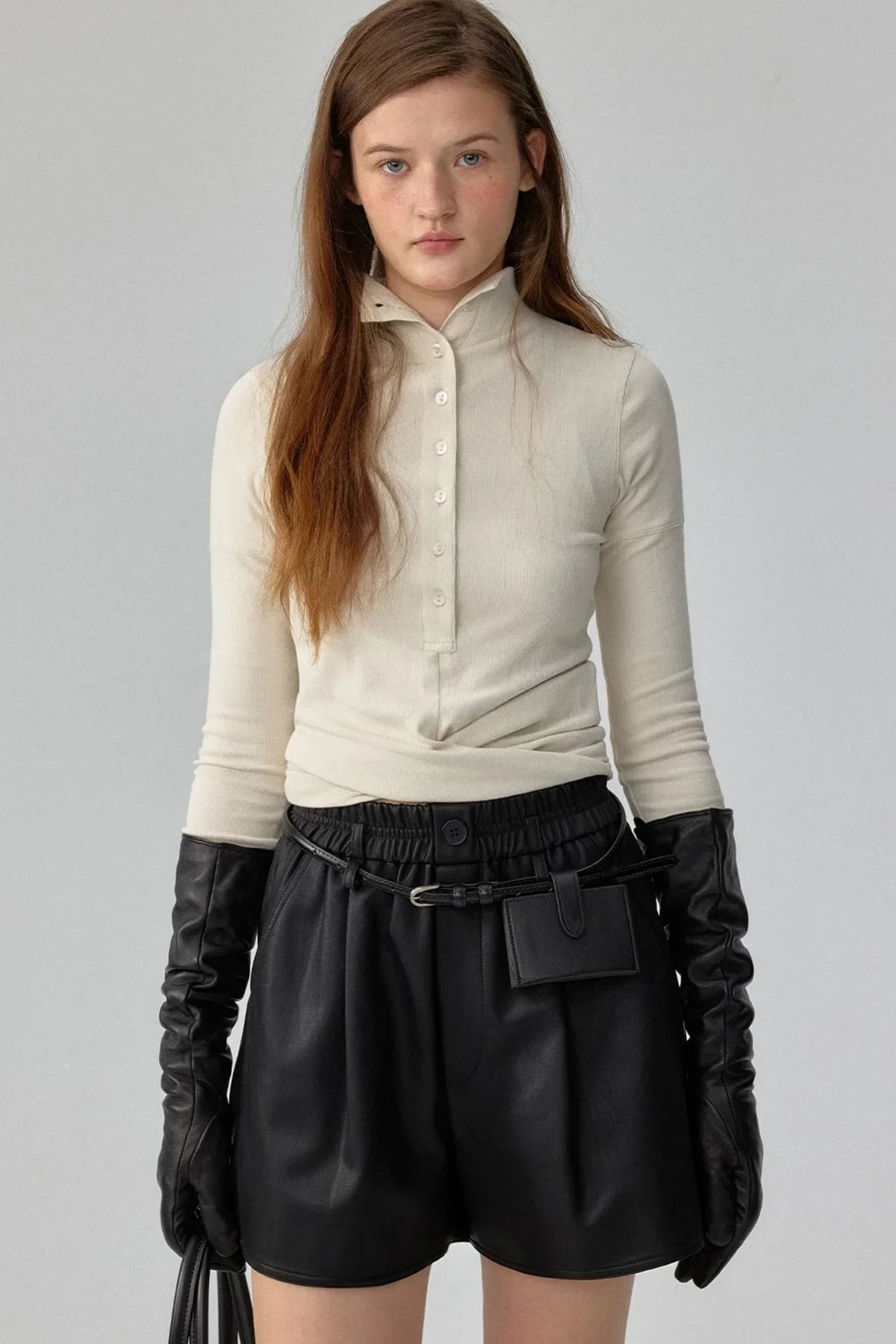 Ribbed Tie-Detail Stand Collar Knit