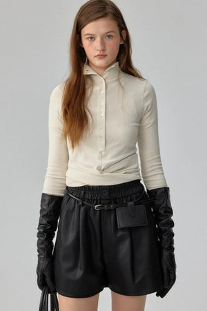 Ribbed Tie-Detail Stand Collar Knit