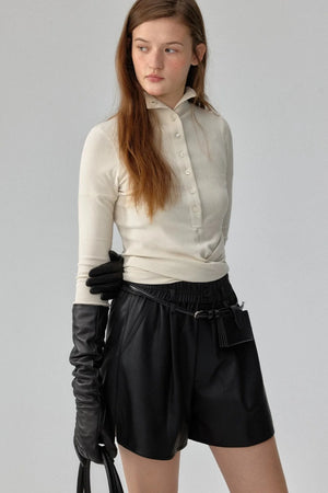 Ribbed Tie-Detail Stand Collar Knit