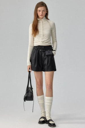 Ribbed Tie-Detail Stand Collar Knit