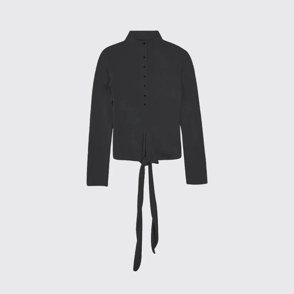 Ribbed Tie-Detail Stand Collar Knit