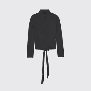 Ribbed Tie-Detail Stand Collar Knit