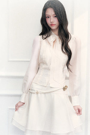 Ribbon Tie Hollow Out Top And A-Line Skirt Set-Up