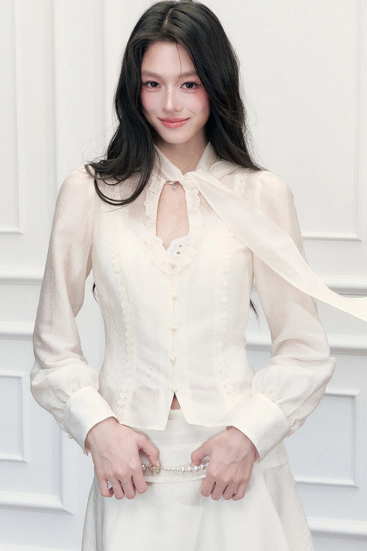 Ribbon Tie Hollow Out Top And A-Line Skirt Set-Up