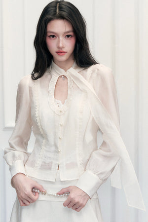 Ribbon Tie Hollow Out Top And A-Line Skirt Set-Up