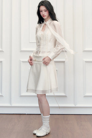 Ribbon Tie Hollow Out Top And A-Line Skirt Set-Up