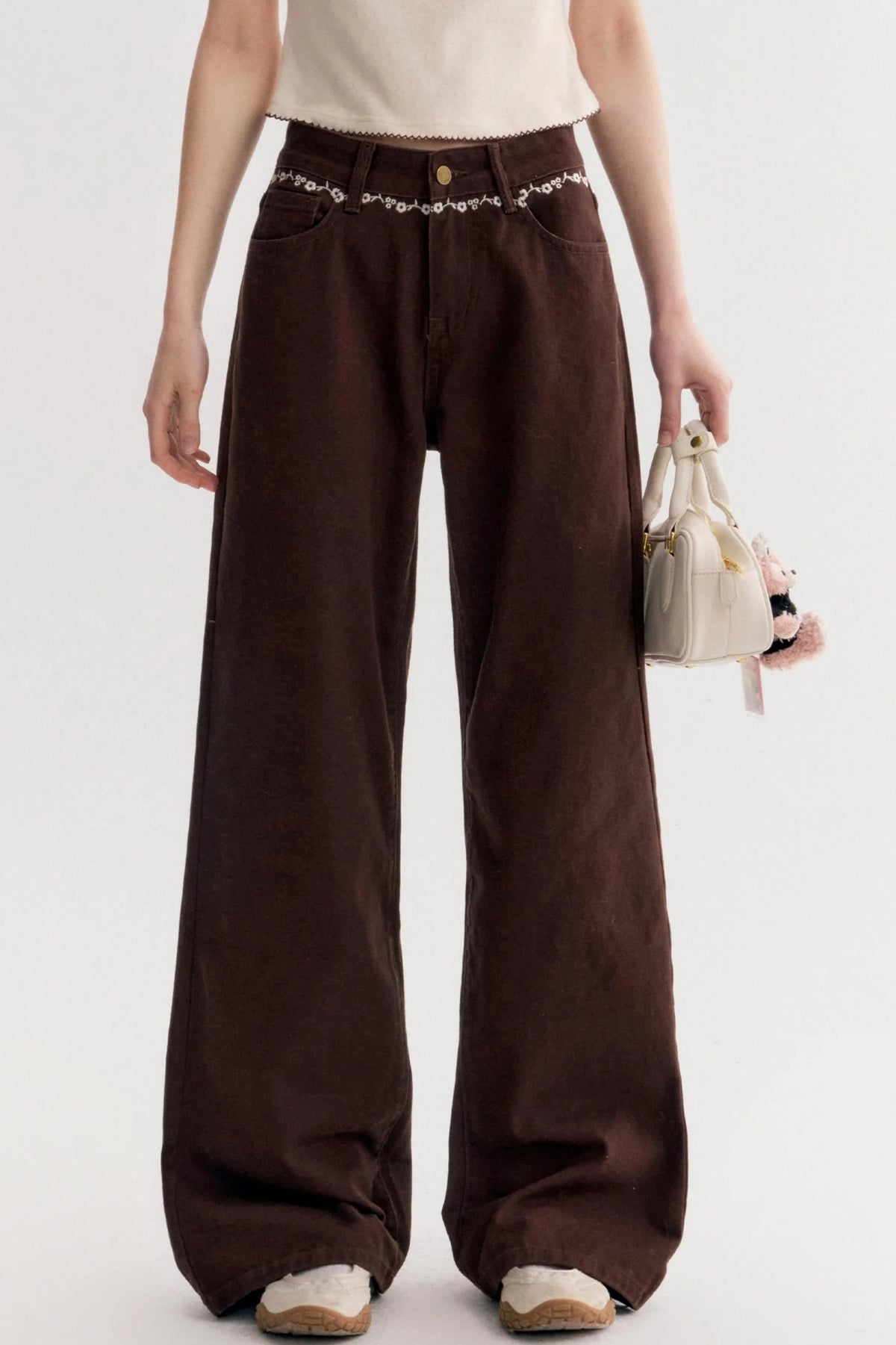Rich Chocolate Floral Embroidery Wide-Leg Jeans