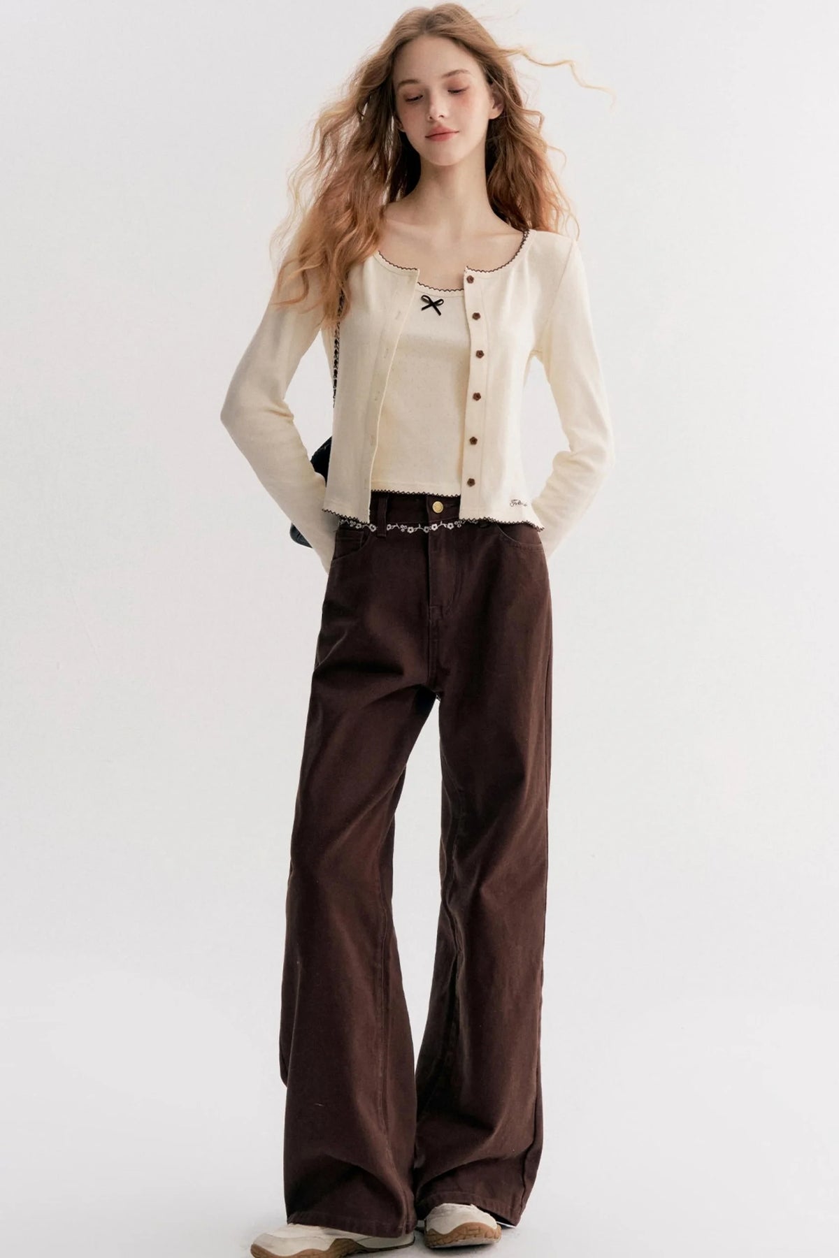 Rich Chocolate Floral Embroidery Wide-Leg Jeans