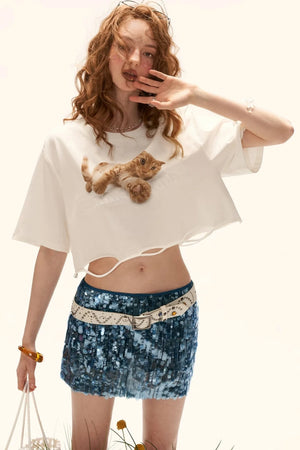 Ripped Graphic Cat Crop Top