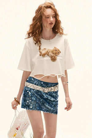 Ripped Graphic Cat Crop Top