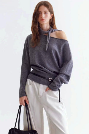 Rolled Edge Off-Shoulder Wool Sweater