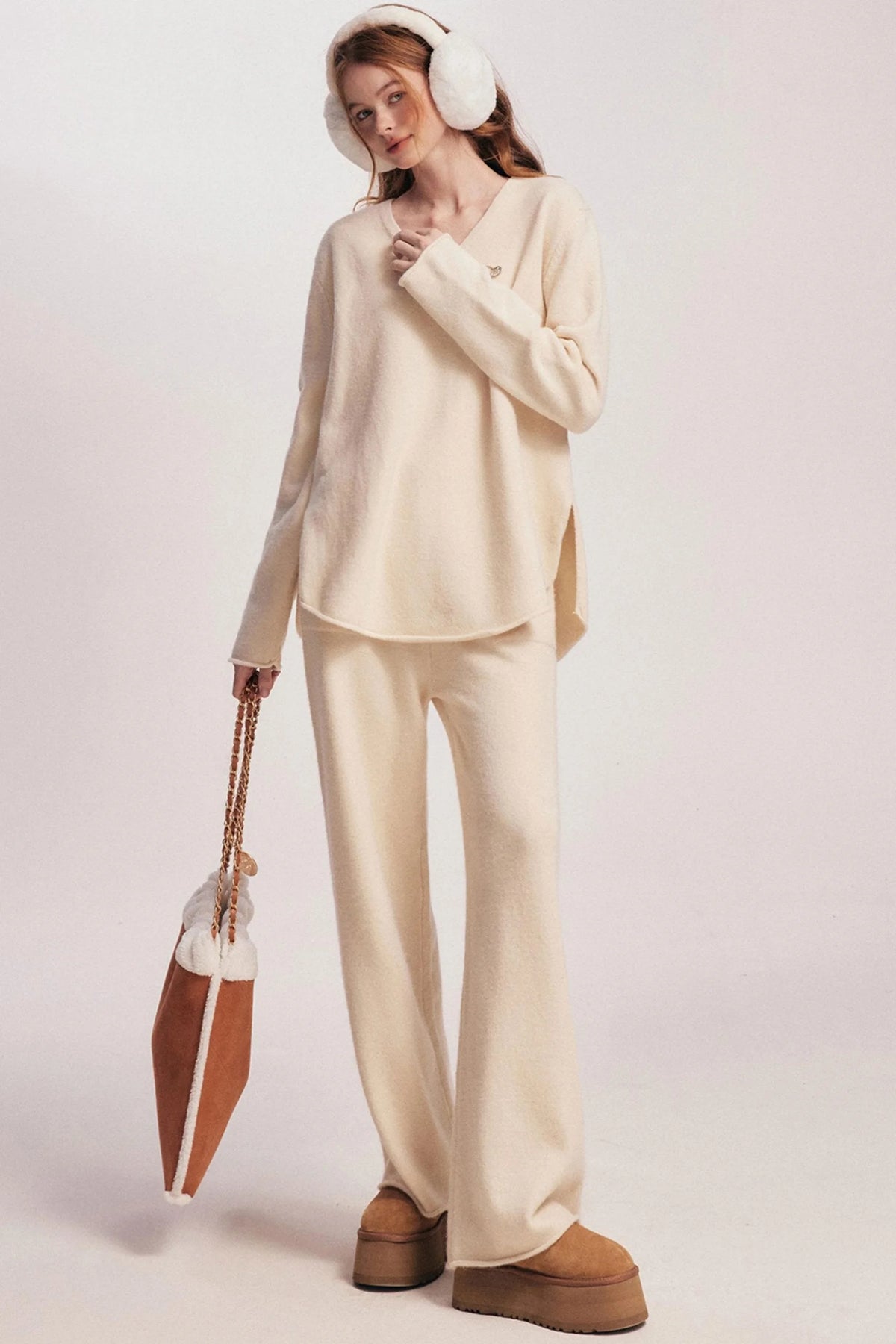 Rolled Sweater & Wide-Leg Pants Set-Up