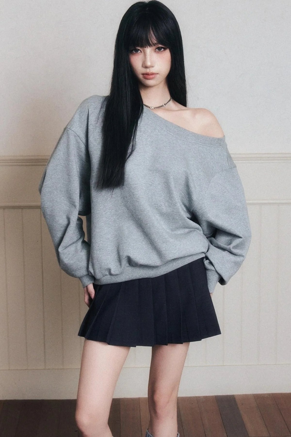 Romantic Cotton Slanted Shoulder Sweatshirt