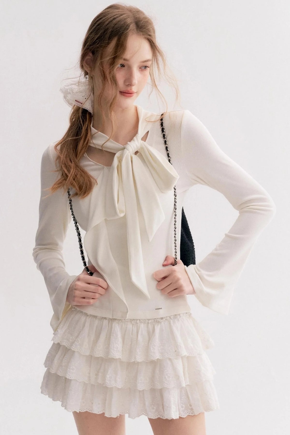 Romantic French Streamer Bow V-Neck Slim T-Shirt